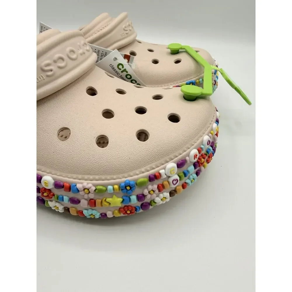 Crocs Kid’s Beaded Band Clog - Multicolor Beads Sandals Beige 211614 Sz J4 NWT